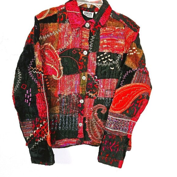 Vintage Chico's Design Boho Patchwork Embroidered Jacket Size 1 - Picture 1 of 7